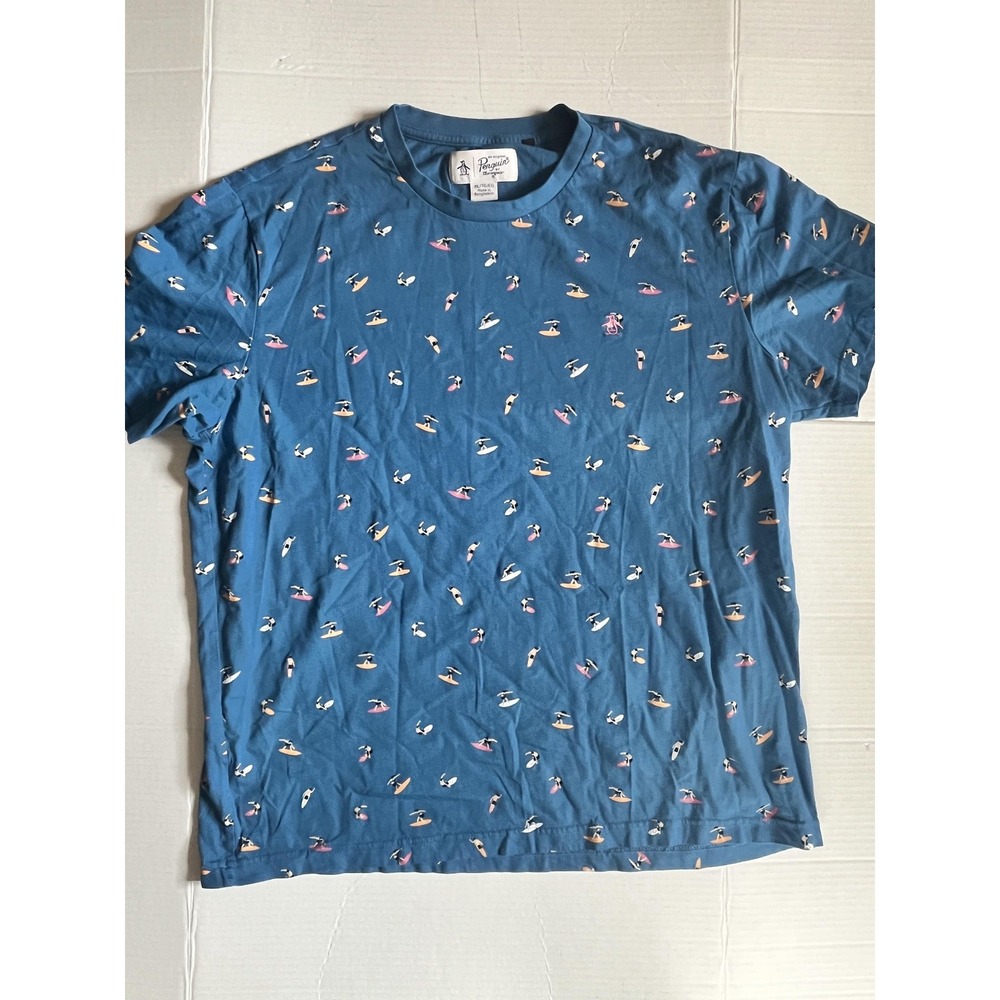 Original Penguin Shirt Mens XL Blue All Over Surfer Print Tee Beach Munsingwear